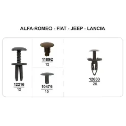 Coffret de 65 assortiments d'agrafes de garnissage et Rivets plastiques d' aile avant, pare-chocs avant/arrière et sous caisse pour ALFA ROMEO, FIAT, JEEP, LANCIA, Neuf